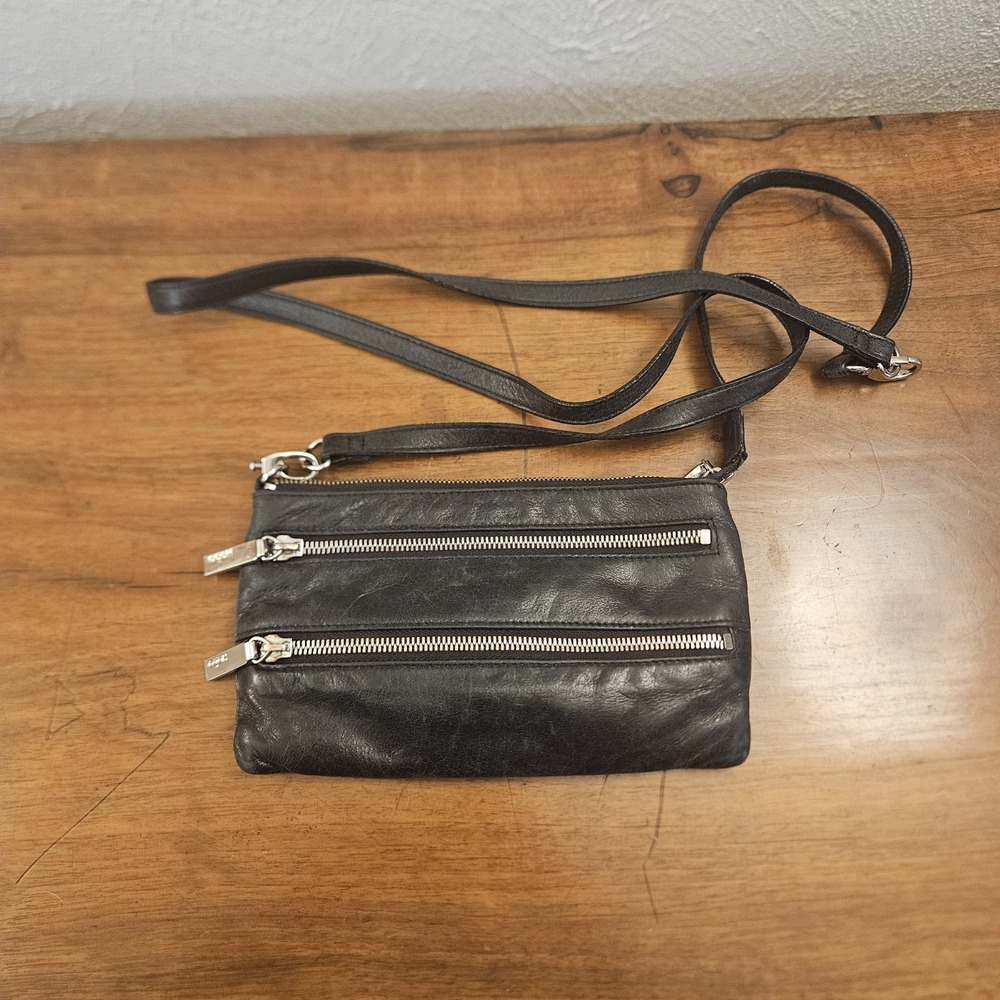 Hobo Mara Crossbody Bag Black Leather Triple Zip Pockets Adjustable Strap Purse